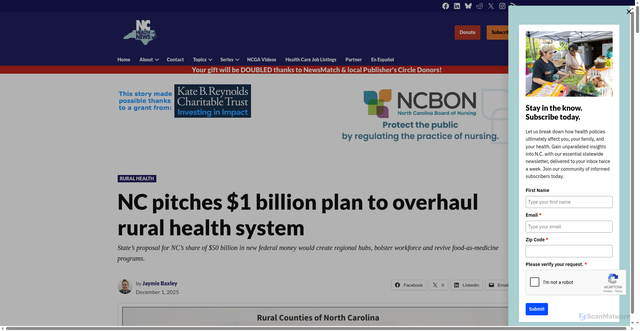 Security scan screenshot of https://www.northcarolinahealthnews.org/2025/12/01/nc-pitches-rural-plan/