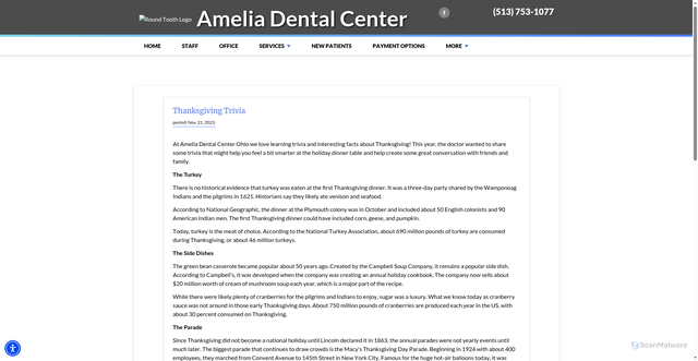 Security scan screenshot of https://www.ameliadentalohio.com/blog/1075261-thanksgiving-trivia