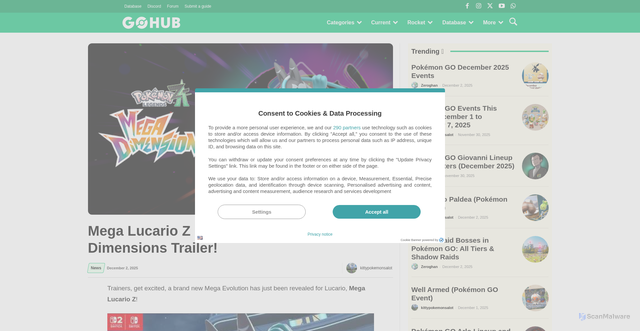 Security scan screenshot of https://pokemongohub.net/post/news/mega-lucario-z-revealed-in-new-mega-dimensions-trailer/