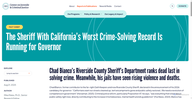 Security scan screenshot of https://www.cjcj.org/reports-publications/fact-sheet/the-sheriff-with-californias-worst-crime-solving-record-is-running-for-governor