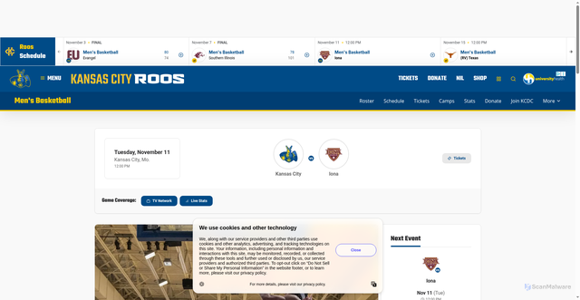 Security scan screenshot of https://kcroos.com/news/2025/11/10/mens-basketball-notes-roos-host-gaels-for-mid-day-matchup