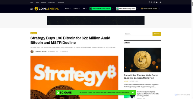 Security scan screenshot of https://coincentral.com/strategy-buys-196-bitcoin-for-22-million-amid-bitcoin-and-mstr-decline/