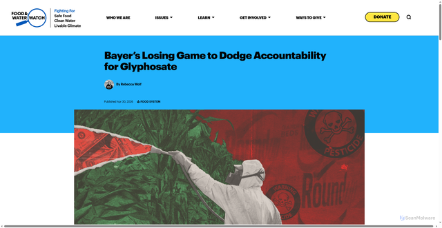 Security scan screenshot of https://www.foodandwaterwatch.org/2026/04/30/bayers-losing-game-glyphosate/