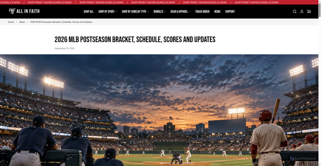 Security scan screenshot of https://www.allinfaith.com/blogs/news/2026-mlb-postseason-bracket-schedule?srsltid=AU7gw4VPJAhIG9z_hOiTjcSp2VcSPxed0k3q1SxOU43u0friwFiB17j6
