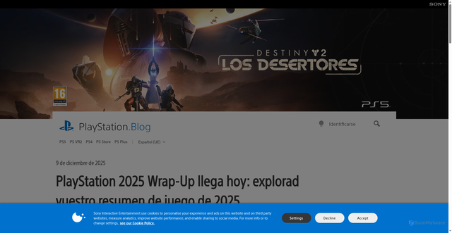 Security scan screenshot of https://blog.es.playstation.com/2025/12/09/playstation-2025-wrap-up-llega-hoy-explorad-vuestro-resumen-de-juego-de-2025/