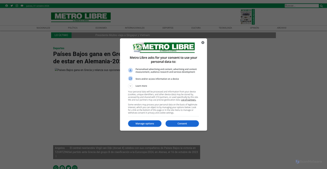Security scan screenshot of https://www.metrolibre.com/deportes/paises-bajos-gana-en-grecia-y-relanza-sus-opciones-de-estar-en-alemania-2024-LE5024692