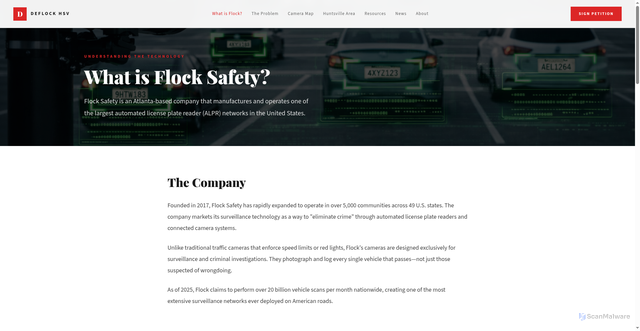 Security scan screenshot of https://www.deflockhuntsvilleal.com/what-is-flock.html
