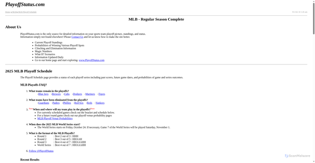 Security scan screenshot of http://www.playoffstatus.com/mlb/mlbplayoffschedule.html