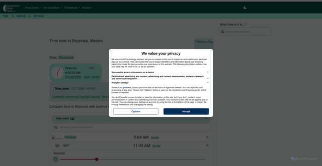 Security scan screenshot of https://greenwichmeantime.com/time/mexico/reynosa/