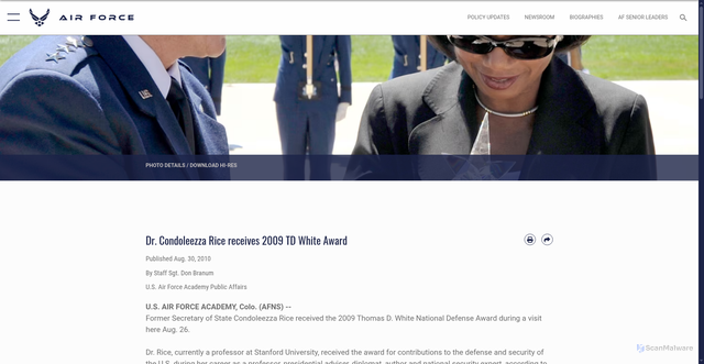 Security scan screenshot of https://www.af.mil/News/Article-Display/Article/115766/dr-condoleezza-rice-receives-2009-td-white-award/