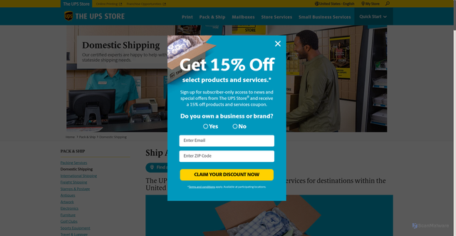 Security scan screenshot of https://www.theupsstore.com/pack-ship/domestic-shipping