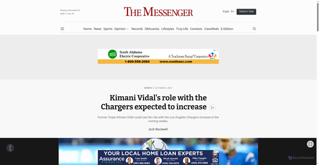 Security scan screenshot of https://www.troymessenger.com/sports/kimani-vidals-role-with-the-chargers-expected-to-increase-328074