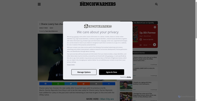 Security scan screenshot of https://www.benchwarmers.ie/shane-lowry-bo-reynolds-golf-pga/259396/