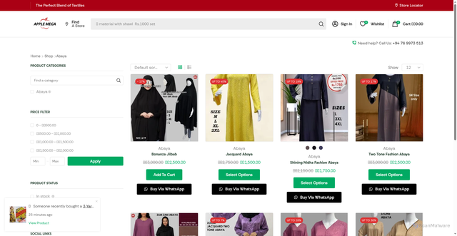 Security scan screenshot of https://appletex.lk/product-category/abaya/
