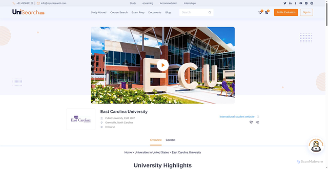 Security scan screenshot of https://myunisearch.com/study/united-states/university/east-carolina-university