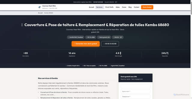 Security scan screenshot of https://couvreur-haut-rhin.fr/couverture-kembs-68680/