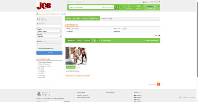 Security scan screenshot of https://jobses.site/index.php?page=search&sCity=Mercadal&sCountry=ES&sRegion=Balearic+Islands&sOrder=i_price&iOrderType=desc