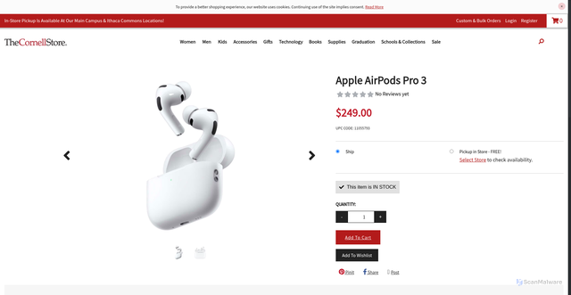 Security scan screenshot of https://www.cornellstore.com/Apple-Airpods-Pro-3