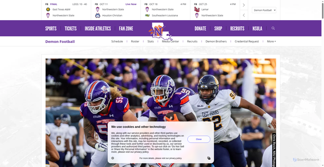 Security scan screenshot of https://nsudemons.com/news/2025/10/10/demon-football-demons-face-hcu-in-first-southland-road-test.aspx