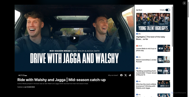 Security scan screenshot of https://www.carltonfc.com.au/video/2047777/ride-with-walshy-and-jagga-mid-season-catch-up?videoId=2047777&modal=true&type=video&publishFrom=1781514023001
