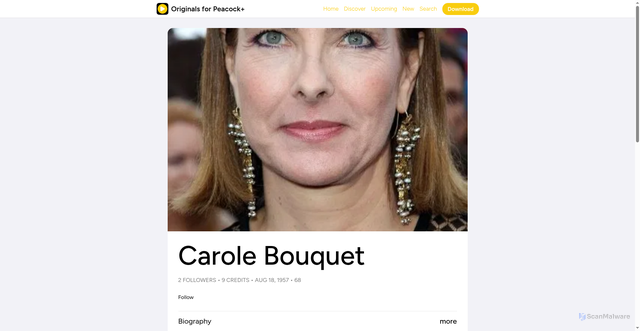 Security scan screenshot of https://peacock.originals.watch/person/144048/carole-bouquet