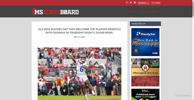 Security scan screenshot of https://mississippiscoreboard.com/ole-miss-players-say-they-welcome-the-playoff-rematch-with-georgia-in-thursday-nights-sugar-bowl/