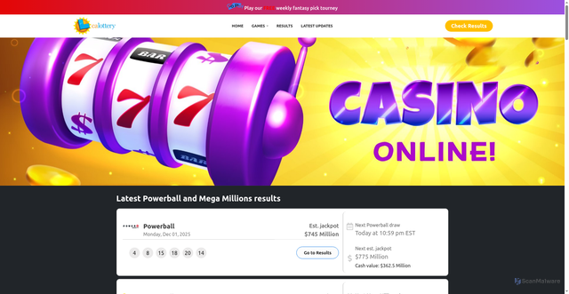 Security scan screenshot of https://californiallottery.com/