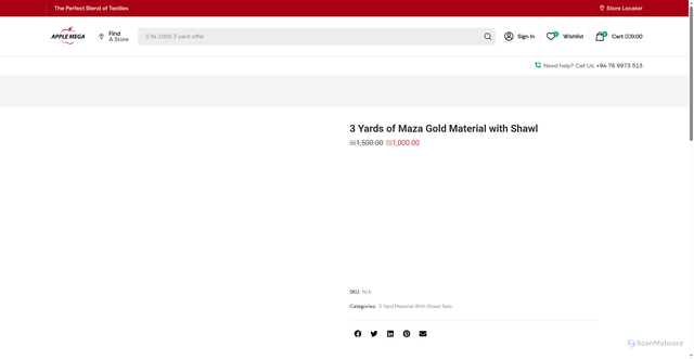 Security scan screenshot of https://appletex.lk/product/3yards-of-maza-gold-material-with-shawl/