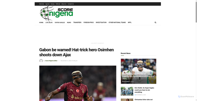Security scan screenshot of https://scorenigeria.com.ng/gabon-be-warned-hat-trick-hero-osimhen-shoots-down-ajax/