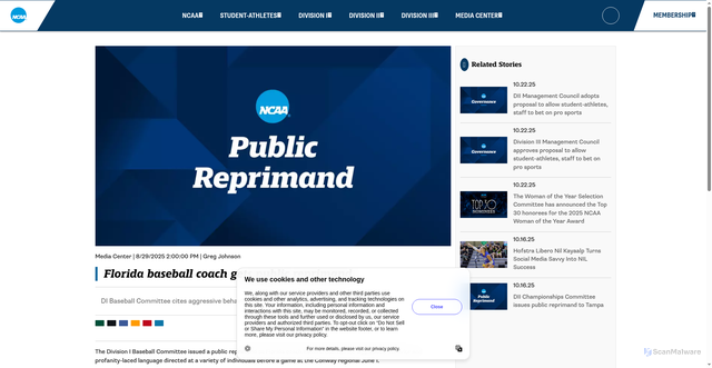 Security scan screenshot of https://www.ncaa.org/news/2025/8/29/media-center-florida-baseball-coach-gets-public-reprimand.aspx