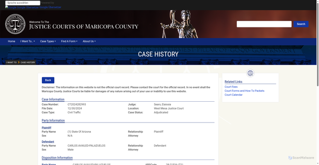 Security scan screenshot of https://justicecourts.maricopa.gov/app/courtrecords/CaseInfo?casenumber=CT2024282993000