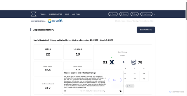 Security scan screenshot of https://goxavier.com/sports/mens-basketball/opponent-history/butler/2