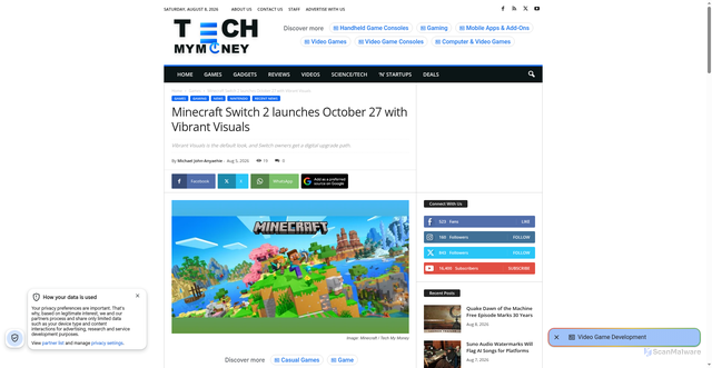 Security scan screenshot of https://techmymoney.com/2026/08/05/minecraft-switch-2-launches-october-27-with-vibrant-visuals/