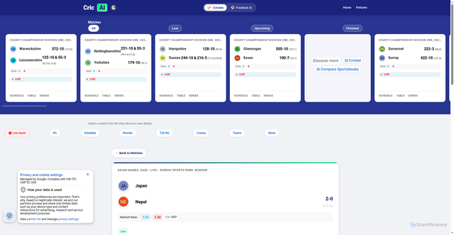 Security scan screenshot of https://cricket.gjam.in/match/11891
