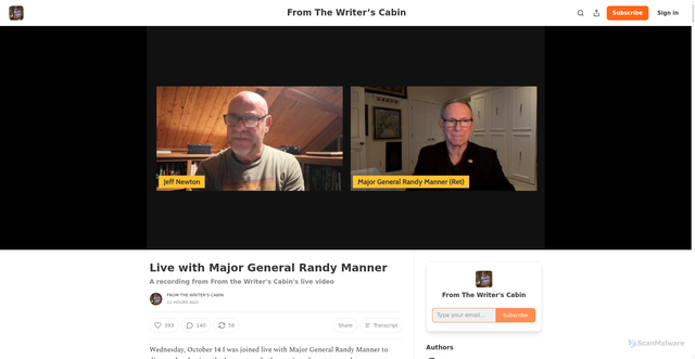 Security scan screenshot of https://fromthewriterscabin.substack.com/p/live-with-major-general-randy-manner