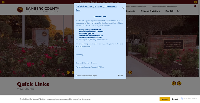 Security scan screenshot of https://www.bambergcounty.sc.gov/