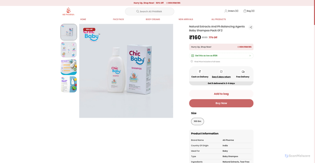 Security scan screenshot of https://aspharma.online/Natural-Extracts-And-Ph-Balancing-Agents-Baby-Shampoo-Pack-Of/catalogue/D5wpcU9L/RfEGTXIl
