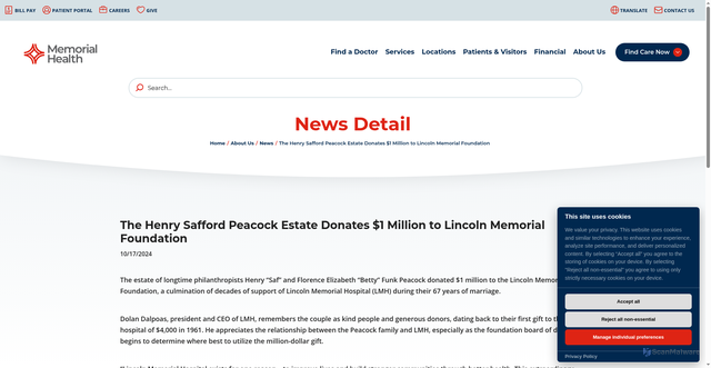 Security scan screenshot of https://memorial.health/About-Us/News/1817/The-Henry-Safford-Peacock-Estate-Donates-1-Million-to-Lincoln-Memorial-Foundation/news-detail/