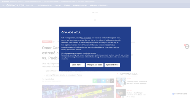 Security scan screenshot of https://vamoscruzazul.bolavip.com/ligamx/omar-campos-sorprendio-a-todos-y-se-estreno-como-goleador-en-el-cruz-azul-vs-puebla