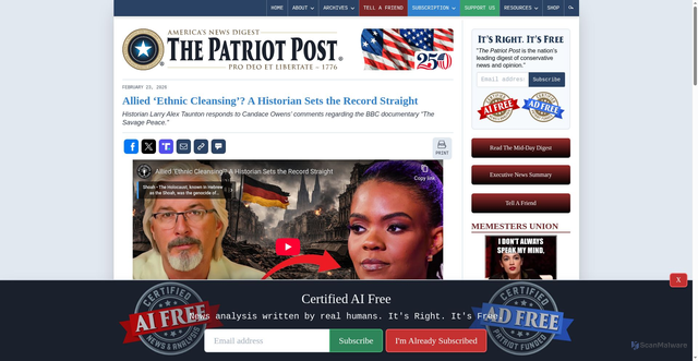 Security scan screenshot of https://patriotpost.us/videos/125333-allied-ethnic-cleansing-a-historian-sets-the-record-straight-2026-02-23