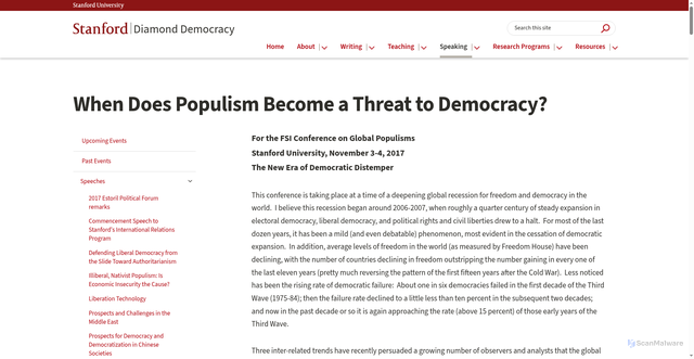 Security scan screenshot of https://diamond-democracy.stanford.edu/speaking/speeches/when-does-populism-become-threat-democracy
