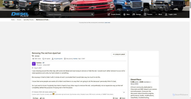 Security scan screenshot of https://www.dieselplace.com/threads/removing-the-red-from-dyed-fuel.174402/