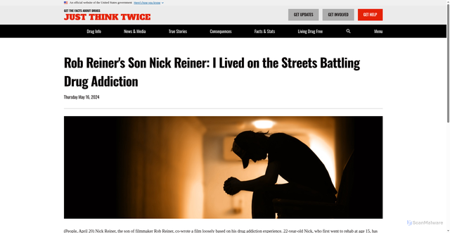 Security scan screenshot of https://www.justthinktwice.gov/rob-reiners-son-nick-reiner-i-lived-streets-battling-drug-addiction