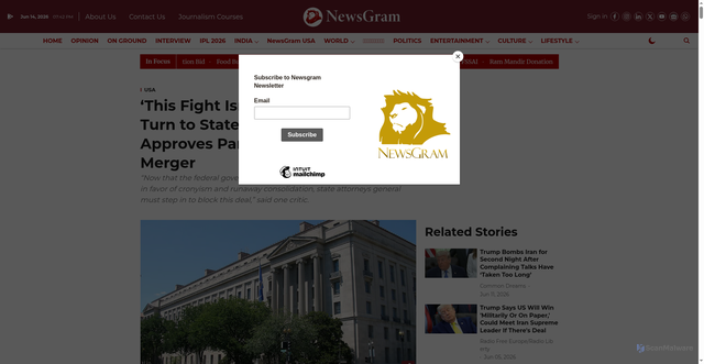 Security scan screenshot of https://www.newsgram.com/america/2026/06/14/doj-approves-paramount-warner-merger-state-challenge