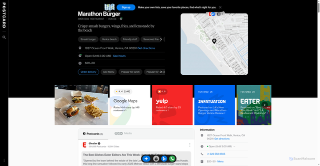 Security scan screenshot of https://www.postcard.inc/places/marathon-burger-los-angeles-D1thATk6i61