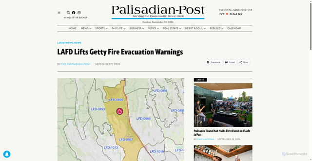 Security scan screenshot of https://palipost.com/lafd-lifts-getty-fire-evacuation-warnings/