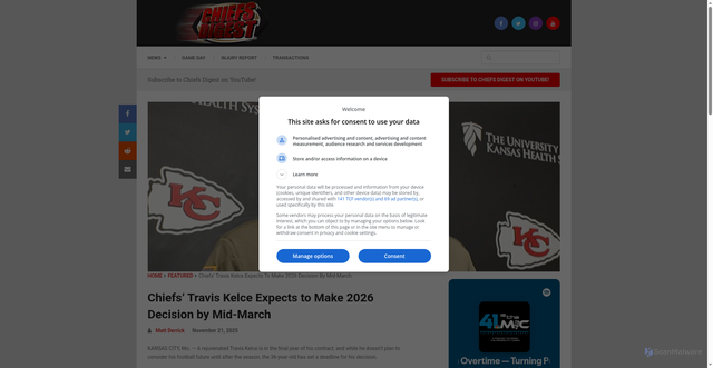 Security scan screenshot of https://chiefsdigest.com/chiefs-travis-kelce-expects-to-make-2026-decision-by-mid-march/