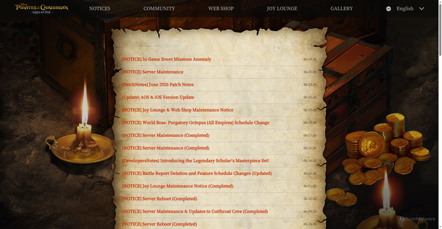 Security scan screenshot of https://tidesofwar.joycity.com/en/boards/notice