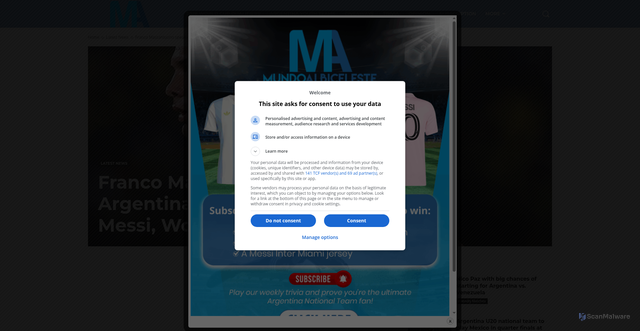 Security scan screenshot of https://mundoalbiceleste.com/2025/10/08/franco-mastantuono-speaks-on-argentina-team-lionel-messi-world-cup/