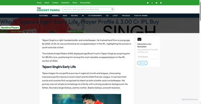 Security scan screenshot of https://www.thecricketpanda.com/who-is-tejasvi-singh/